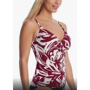 Miraclesuit Magicsuit Cherry Red Lily Impressionist Tankini Swim Suit 16 NWT